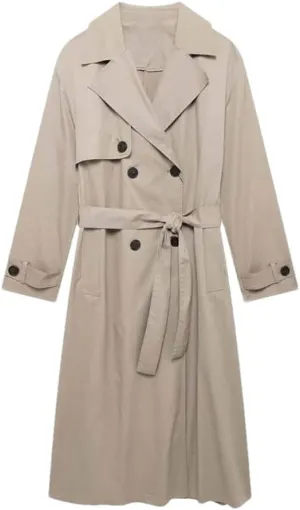 Adhdyuud Women Lapel Trenchcoats Solid Double Breasted Coat Casual With Belt Midi Wind Outerwear