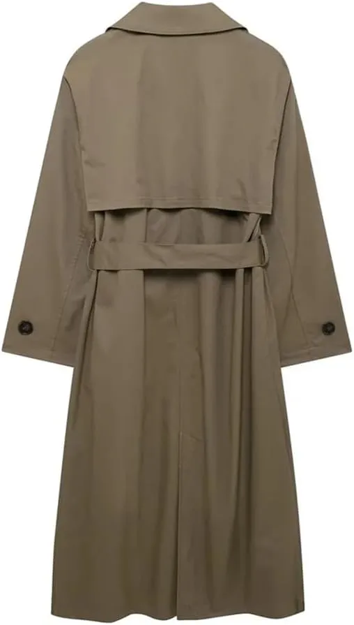 Adhdyuud Women Lapel Trenchcoats Solid Double Breasted Coat Casual With Belt Midi Wind Outerwear