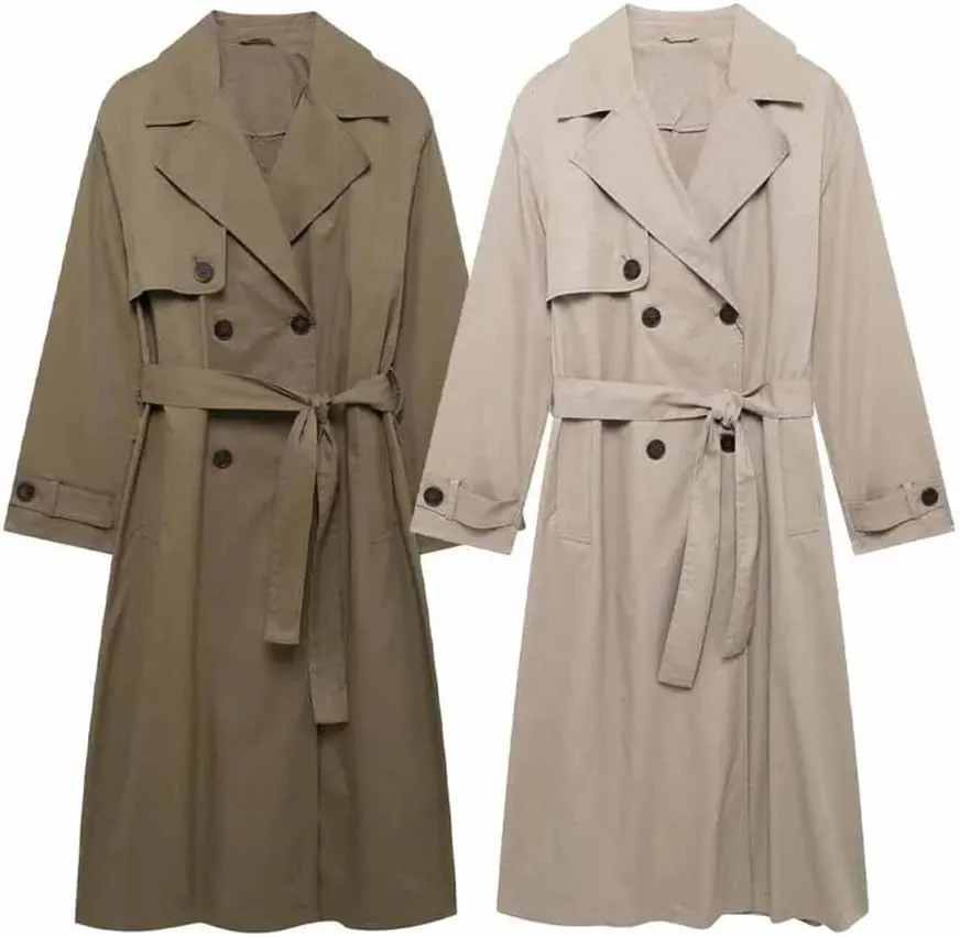 Adhdyuud Women Lapel Trenchcoats Solid Double Breasted Coat Casual With Belt Midi Wind Outerwear