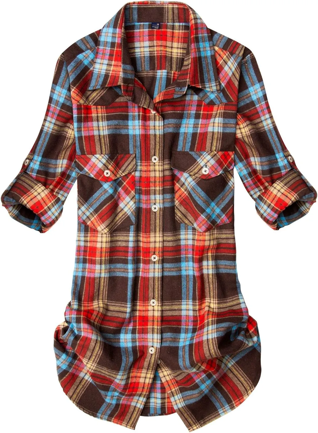 Alimens & Gentle Womens Plaid Flannel Shirts Long Sleeve Roll Up Casual Button Down Shirt