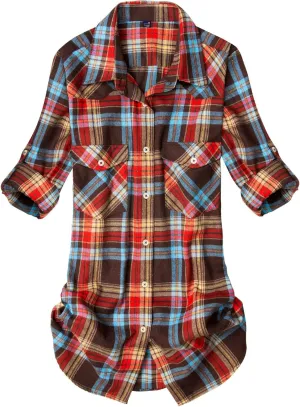 Alimens & Gentle Womens Plaid Flannel Shirts Long Sleeve Roll Up Casual Button Down Shirt