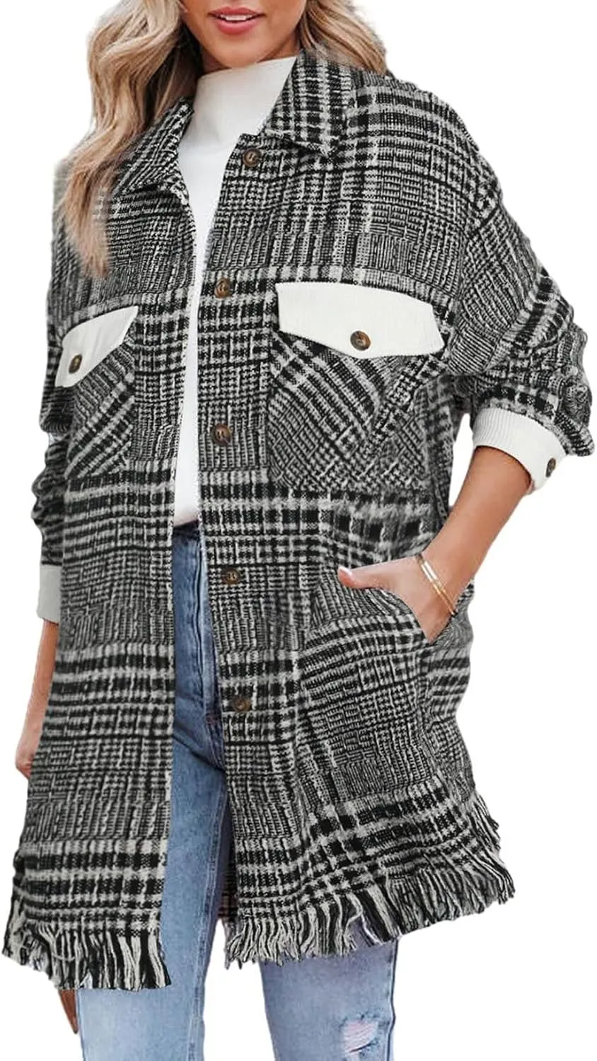 Astylish Women's Flannel Plaid Shacket Long Sleeve Oversized Button Down Shirt Jacket Coat