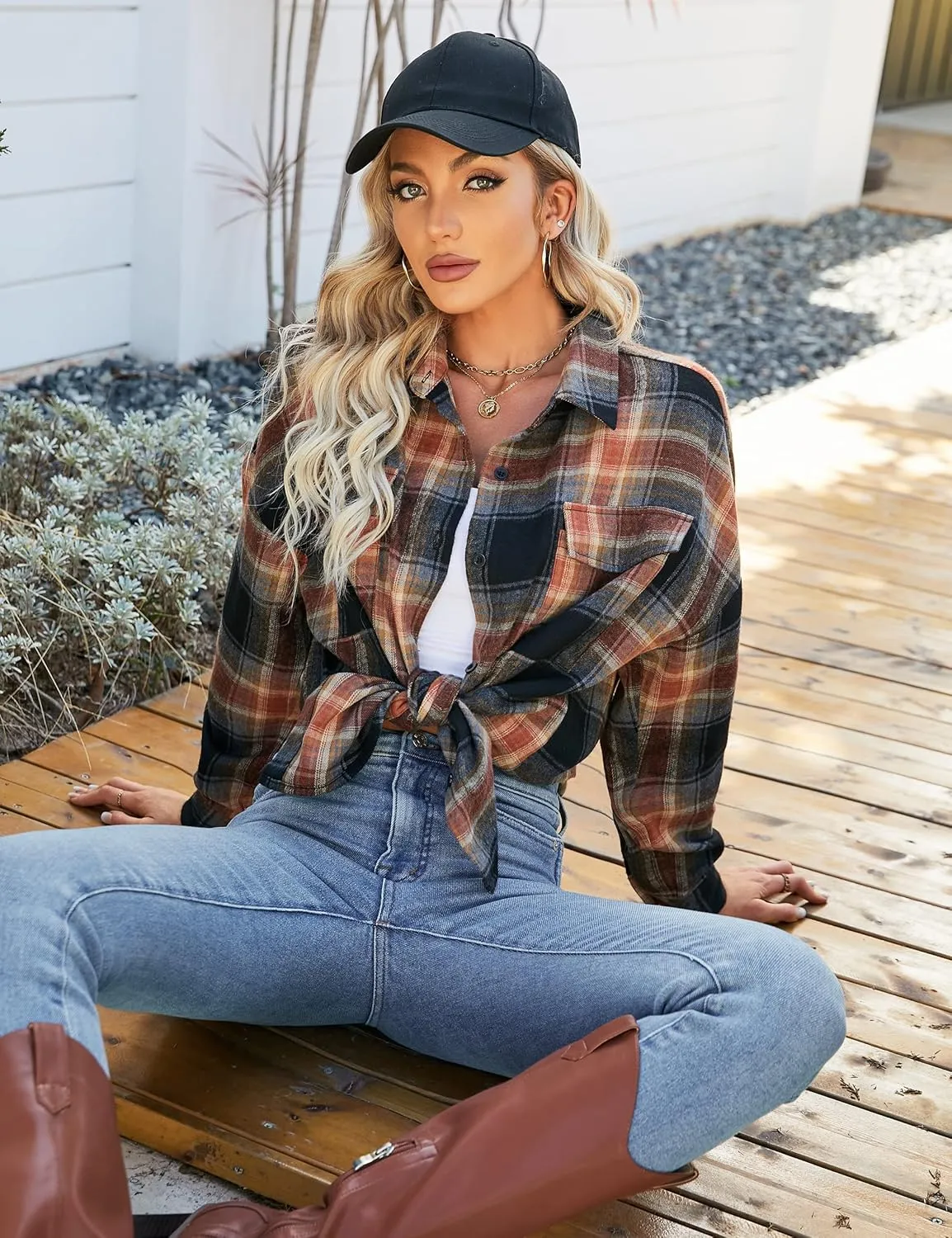Blooming Jelly Women's Button Down Flannel Shirts Plaid Shacket Long Sleeve Collared Business Casual Tops Work Blouses