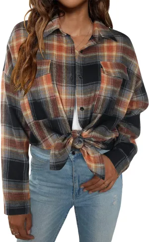 Blooming Jelly Women's Button Down Flannel Shirts Plaid Shacket Long Sleeve Collared Business Casual Tops Work Blouses