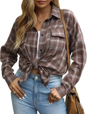 Blooming Jelly Women's Button Down Flannel Shirts Plaid Shacket Long Sleeve Collared Business Casual Tops Work Blouses