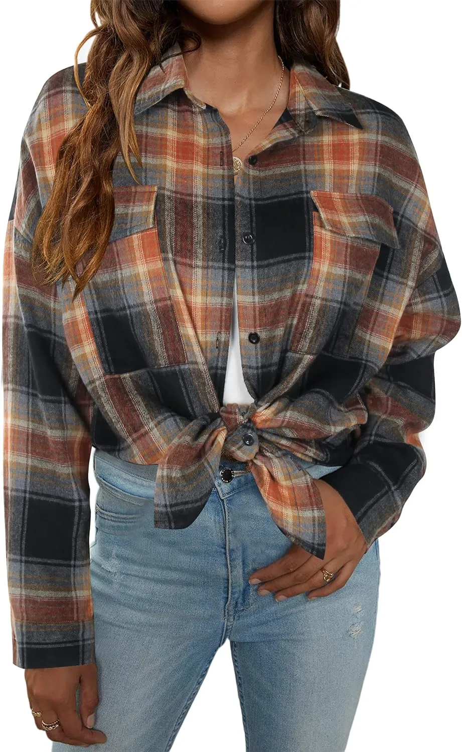 Blooming Jelly Women's Button Down Flannel Shirts Plaid Shacket Long Sleeve Collared Business Casual Tops Work Blouses