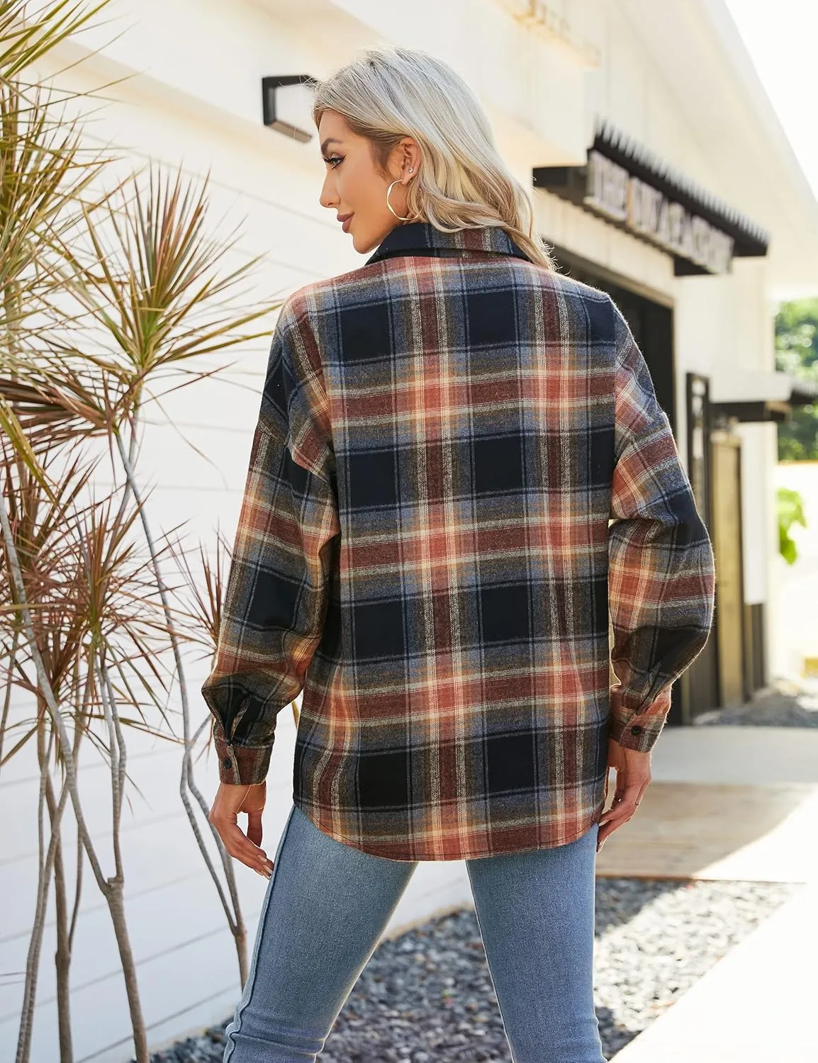 Blooming Jelly Women's Button Down Flannel Shirts Plaid Shacket Long Sleeve Collared Business Casual Tops Work Blouses