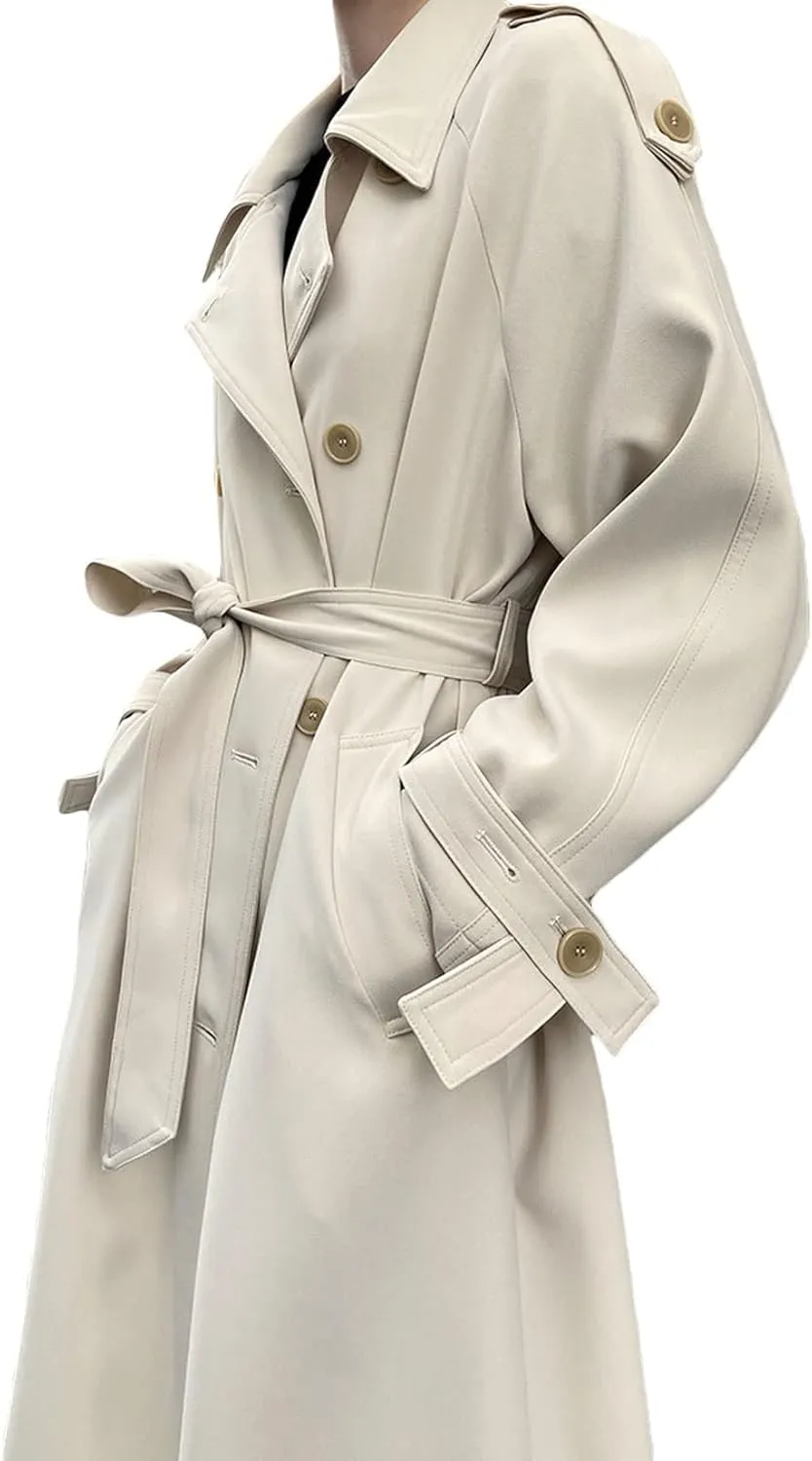 CHARTOU Women's Casual Notched Lapel Double Breasted Long Trench Coat with Belt