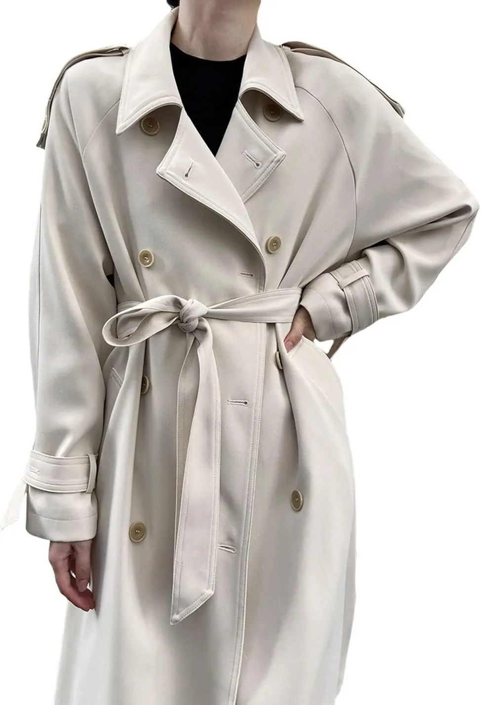 CHARTOU Women's Casual Notched Lapel Double Breasted Long Trench Coat with Belt