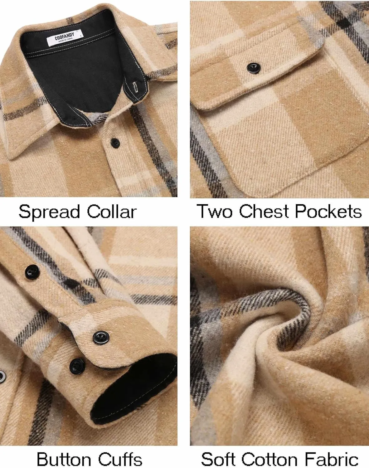 COOFANDY Men's Flannel Shirts Long Sleeve Cotton Plaid Shirt Jacket Casual Button Down Shirt with Pockets