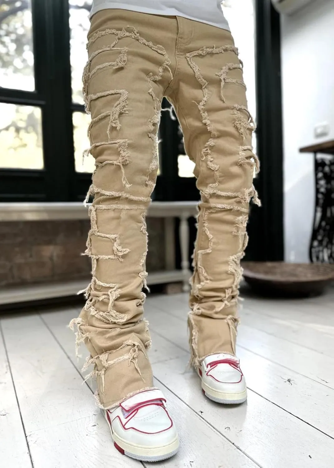 COOLMONAR Men's Ripped Distressed Destroyed Slim Fit Straight Leg Denim Jeans