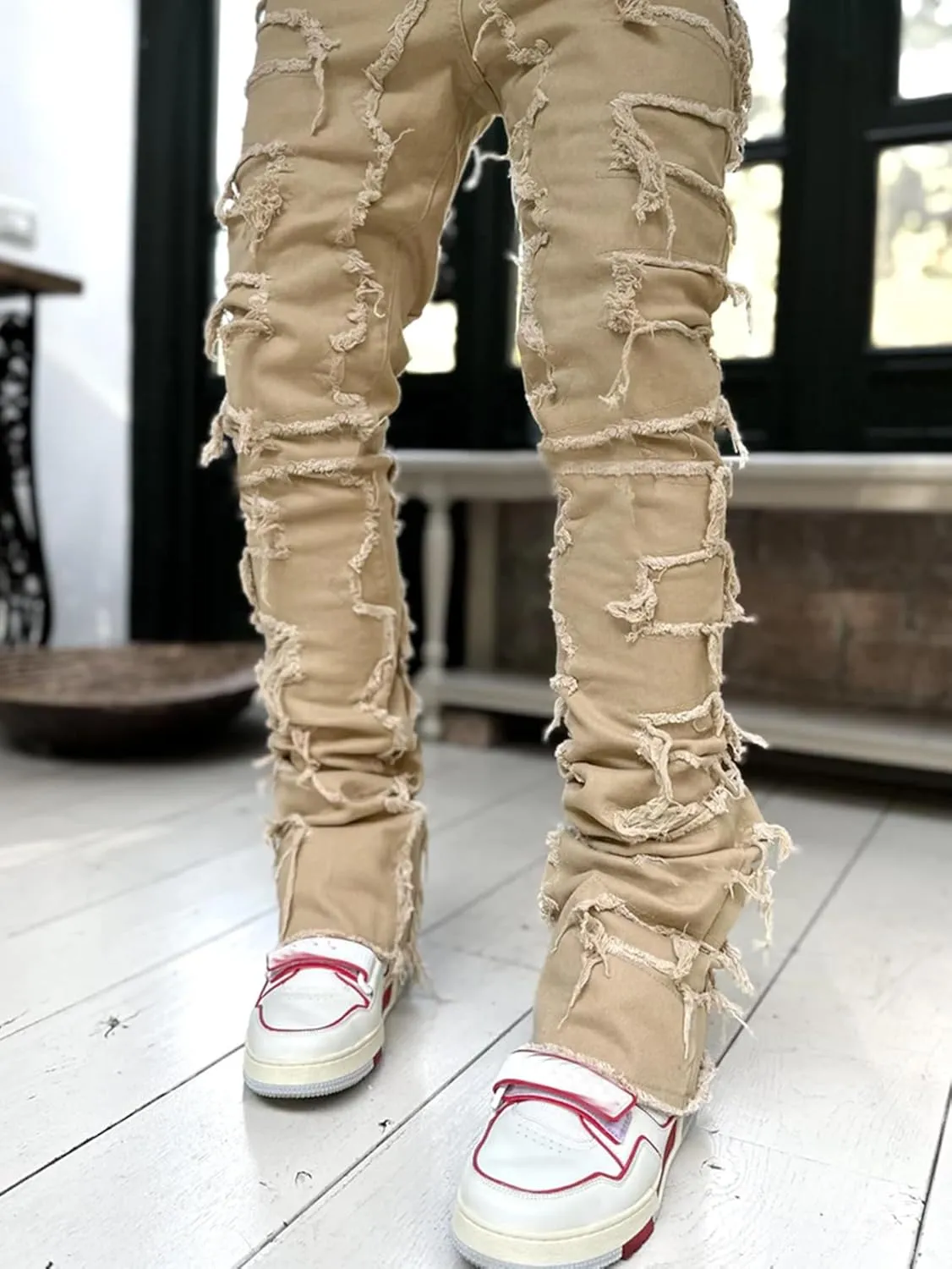 COOLMONAR Men's Ripped Distressed Destroyed Slim Fit Straight Leg Denim Jeans
