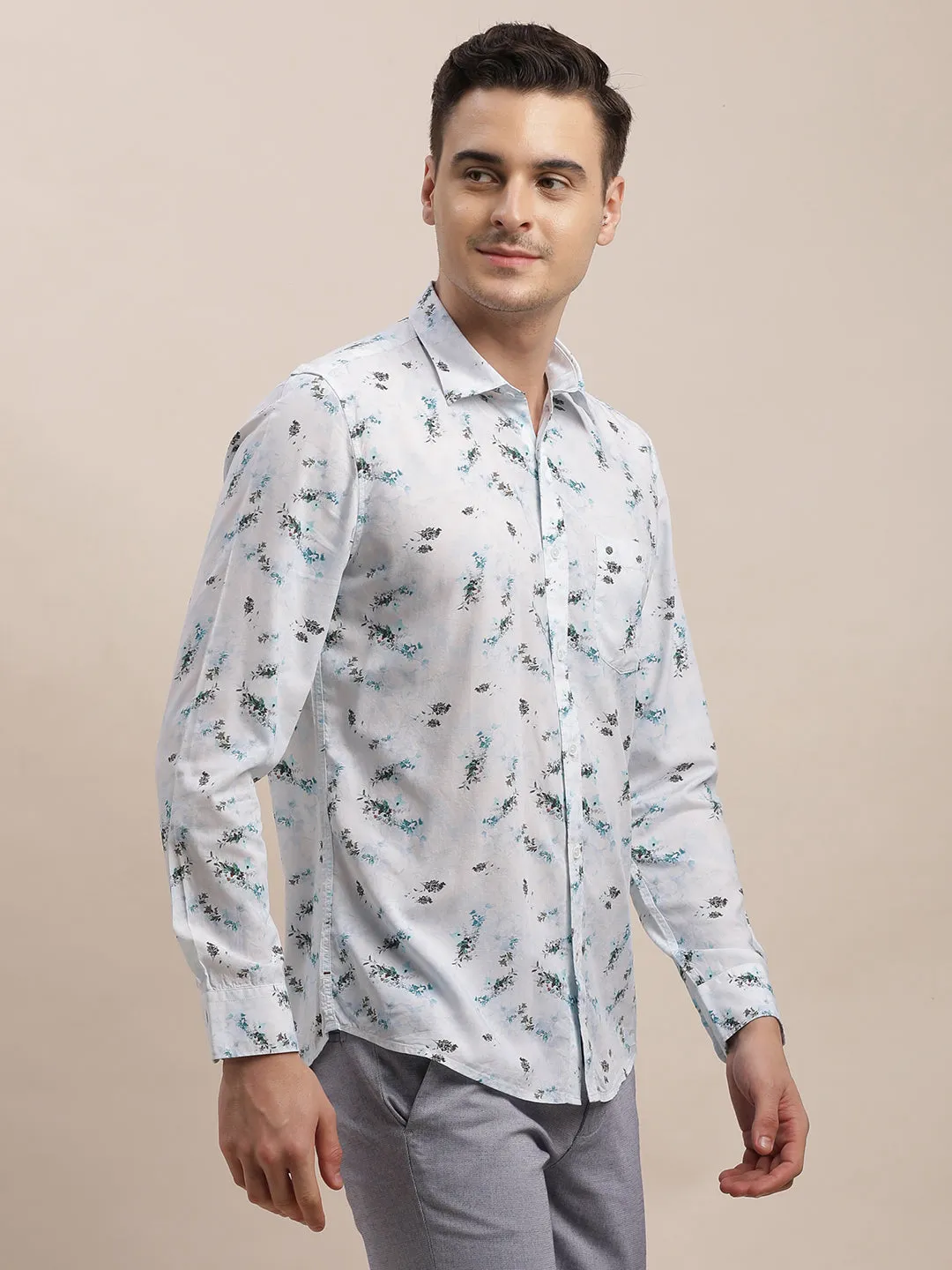 Cotton Modal White Digital Printed Slim Fit Full Sleeve Casual Shirt