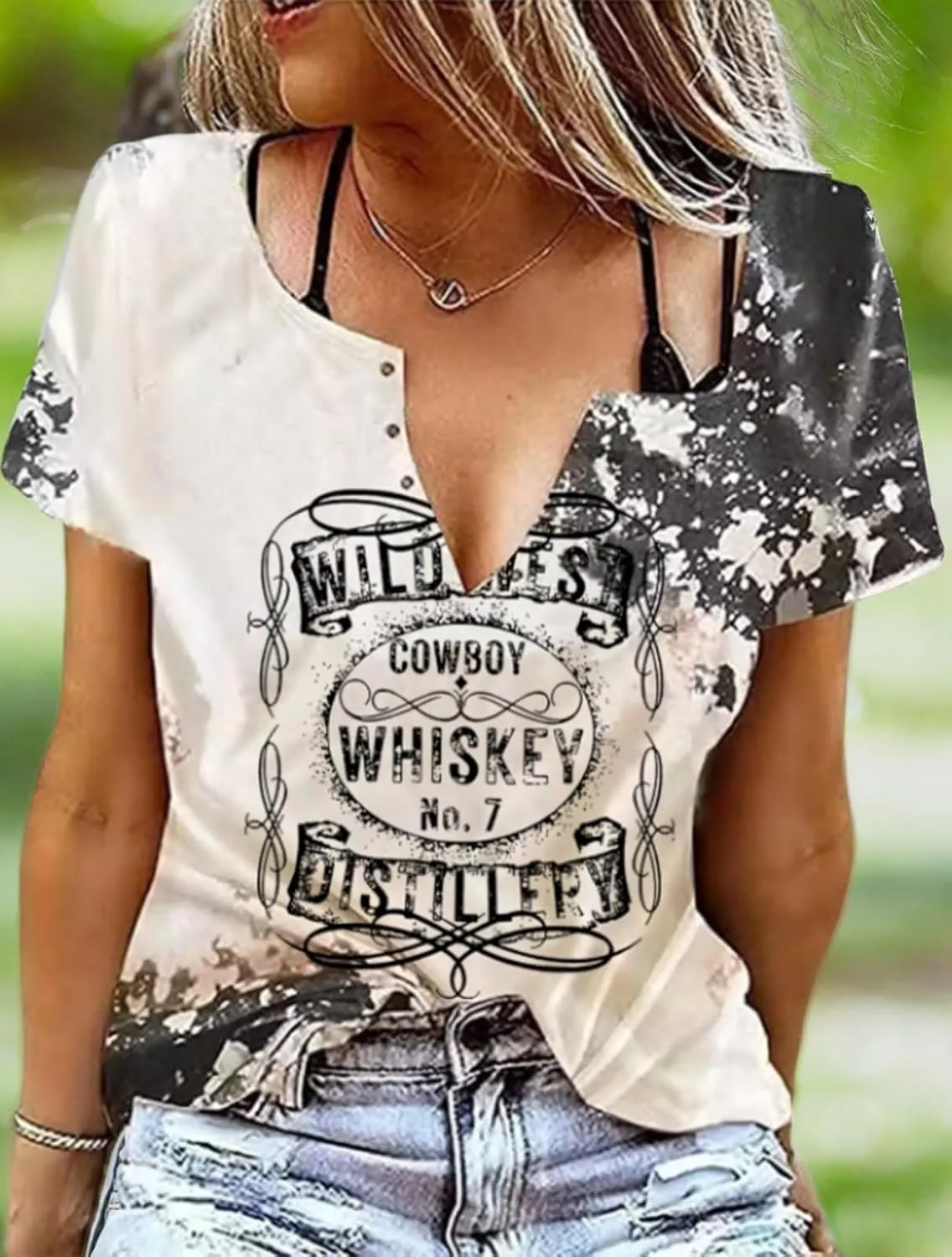 Cowboy Whiskey Criss-Cross Hollow Out T-Shirt Women Western Country Music Shirt Vintage Cowgril Short Sleeve Tops