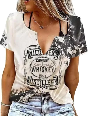 Cowboy Whiskey Criss-Cross Hollow Out T-Shirt Women Western Country Music Shirt Vintage Cowgril Short Sleeve Tops