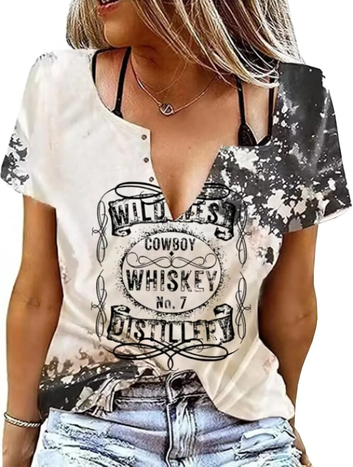 Cowboy Whiskey Criss-Cross Hollow Out T-Shirt Women Western Country Music Shirt Vintage Cowgril Short Sleeve Tops