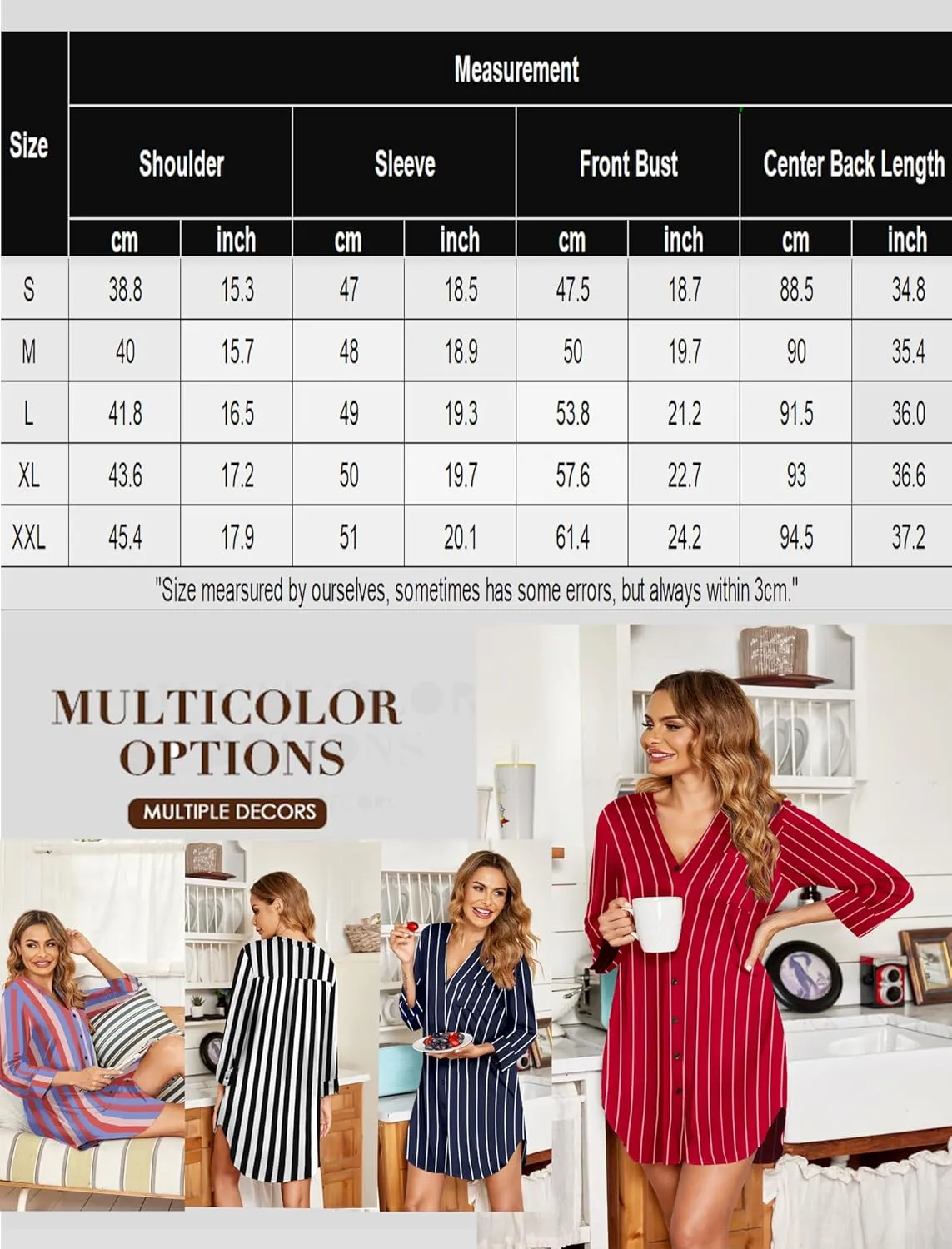 Ekouaer Women's Nightgown V Neck Striped Button Down Sleepwear 3/4 Sleeves Nightshirts Soft Button Sleep Dress S-XXL
