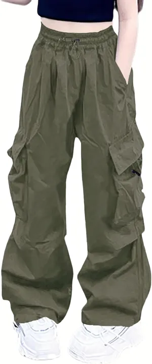 Girls Cargo Pants Elastic Waist Drawstring with Pockets Pants, 6-14 Years