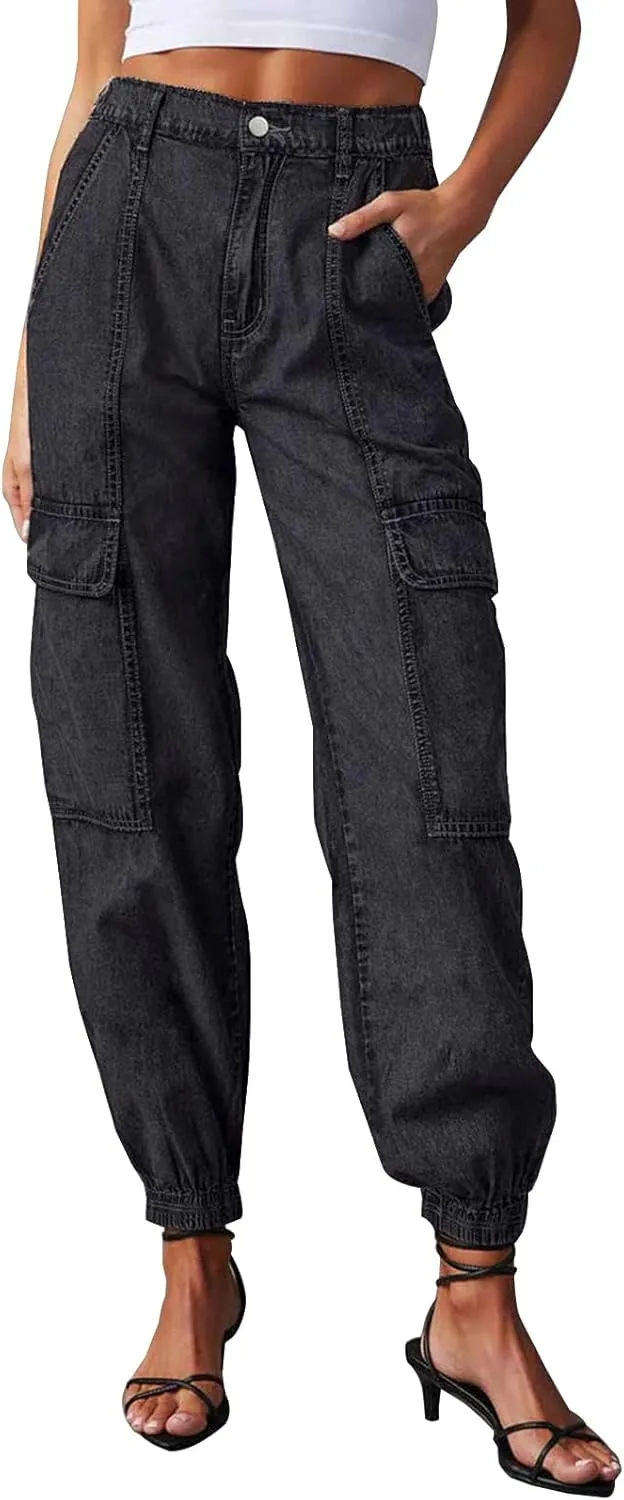 LONGYIDA Jean Joggers for Women High Waisted Drawstring Elastic Waist Stretch Denim Pants
