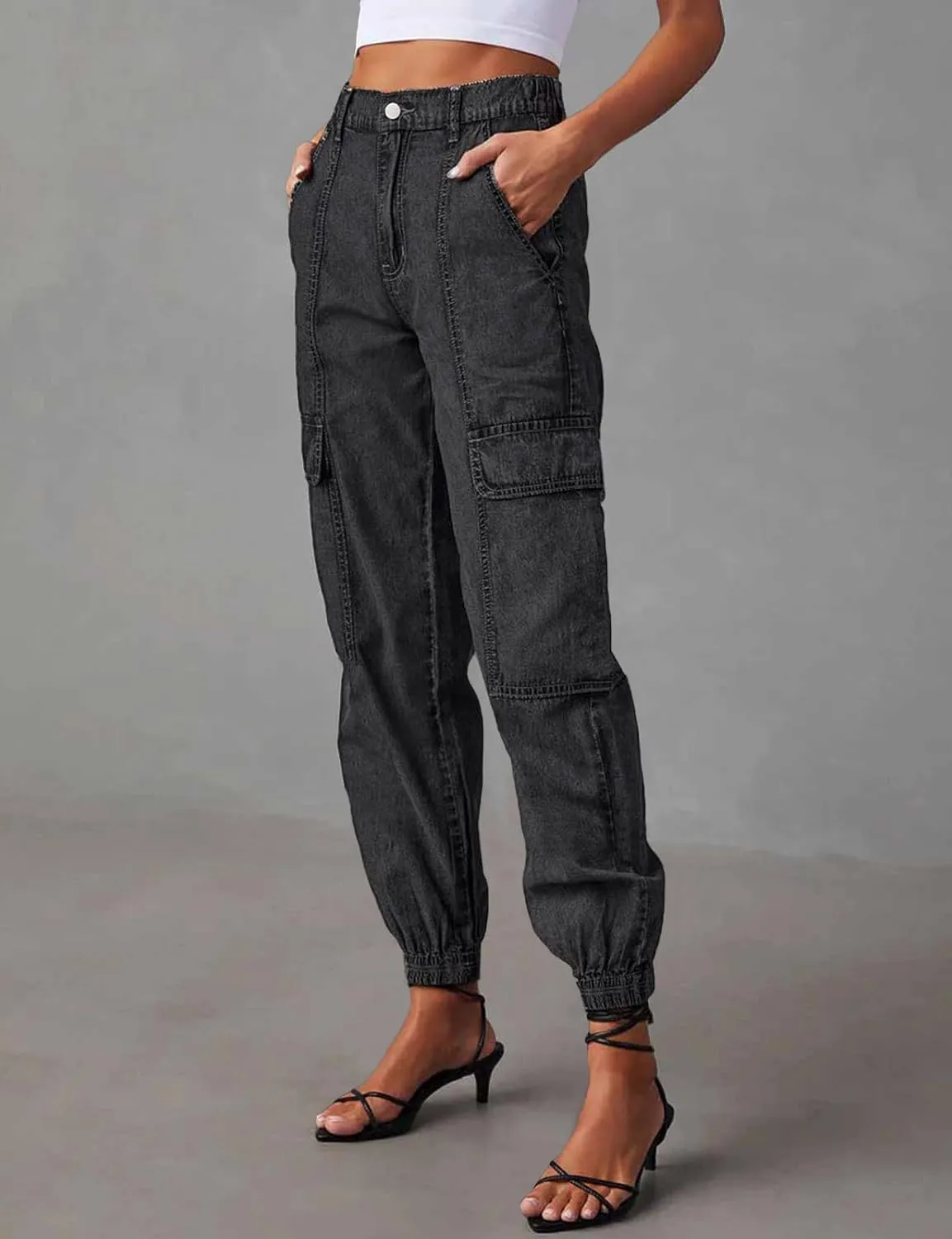 LONGYIDA Jean Joggers for Women High Waisted Drawstring Elastic Waist Stretch Denim Pants