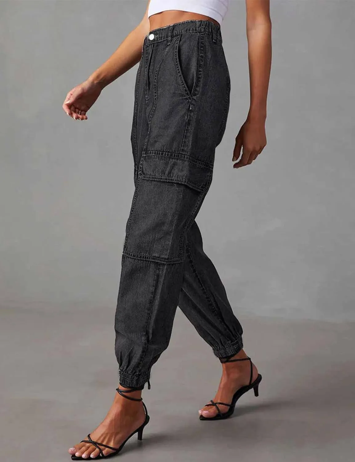 LONGYIDA Jean Joggers for Women High Waisted Drawstring Elastic Waist Stretch Denim Pants