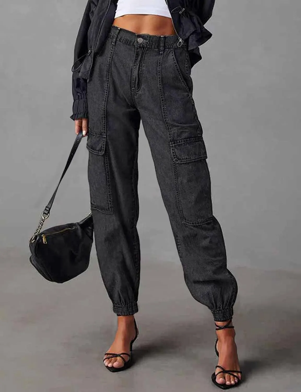 LONGYIDA Jean Joggers for Women High Waisted Drawstring Elastic Waist Stretch Denim Pants