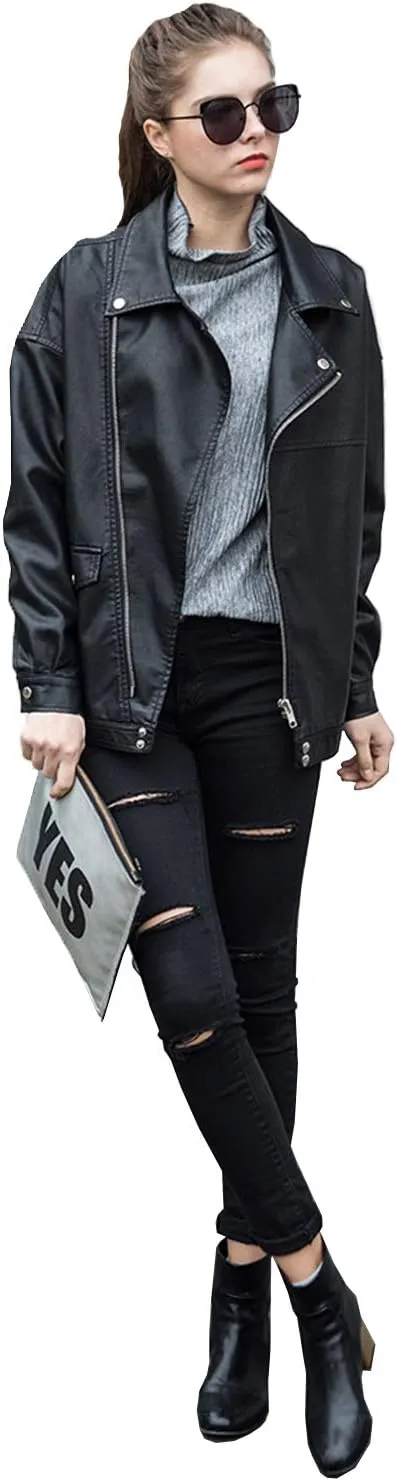 LY VAREY LIN Women Faux Leather Jacket Lapel Collar Motorcycle Zip Up Long Sleeve Motor Biker Short Coat Jacket