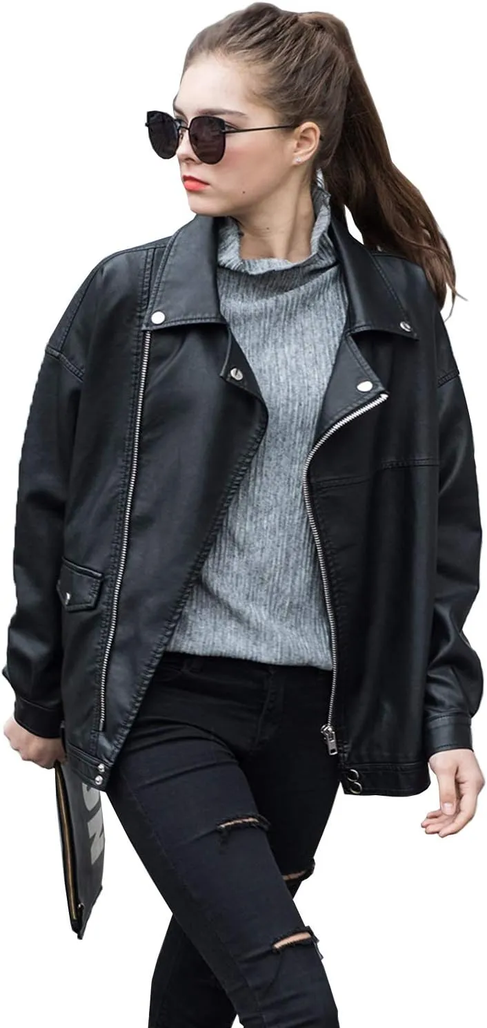 LY VAREY LIN Women Faux Leather Jacket Lapel Collar Motorcycle Zip Up Long Sleeve Motor Biker Short Coat Jacket