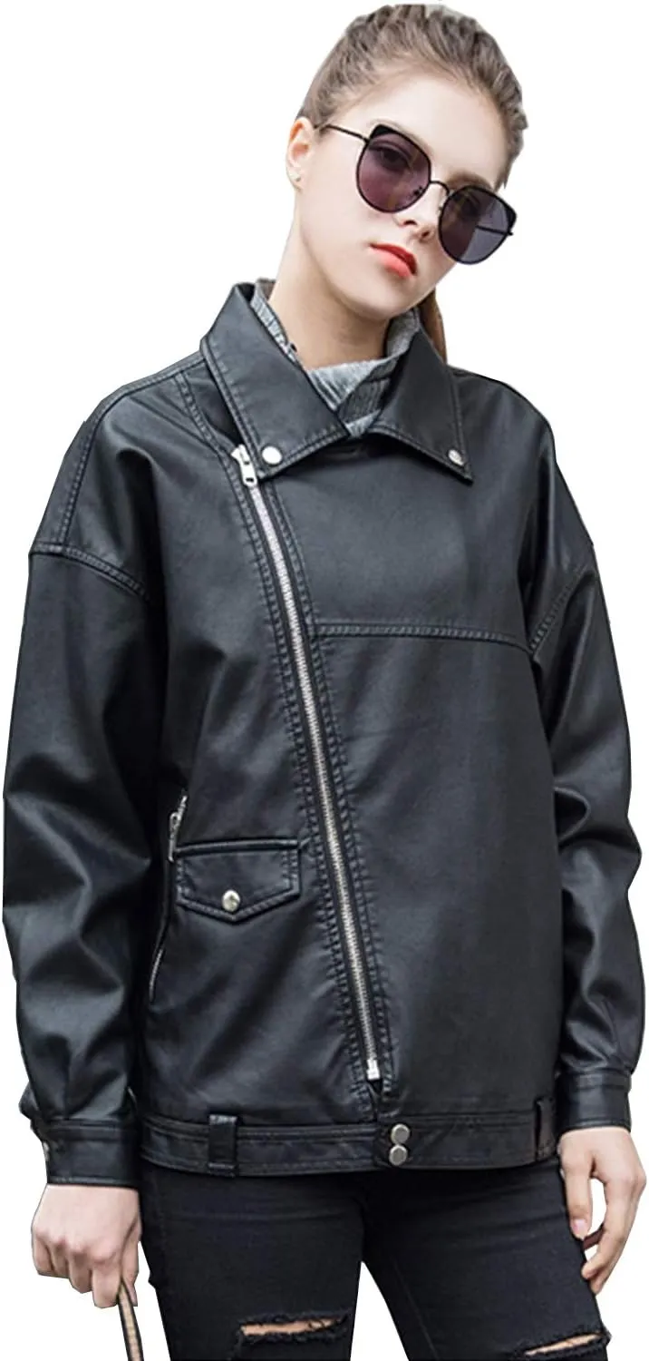LY VAREY LIN Women Faux Leather Jacket Lapel Collar Motorcycle Zip Up Long Sleeve Motor Biker Short Coat Jacket