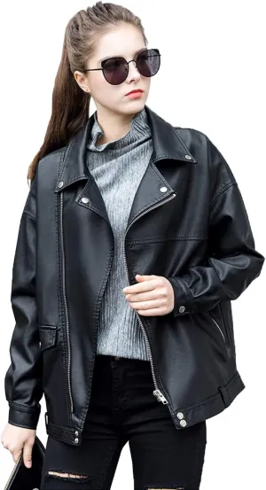 LY VAREY LIN Women Faux Leather Jacket Lapel Collar Motorcycle Zip Up Long Sleeve Motor Biker Short Coat Jacket