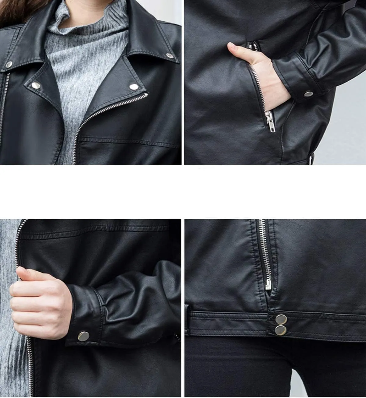 LY VAREY LIN Women Faux Leather Jacket Lapel Collar Motorcycle Zip Up Long Sleeve Motor Biker Short Coat Jacket
