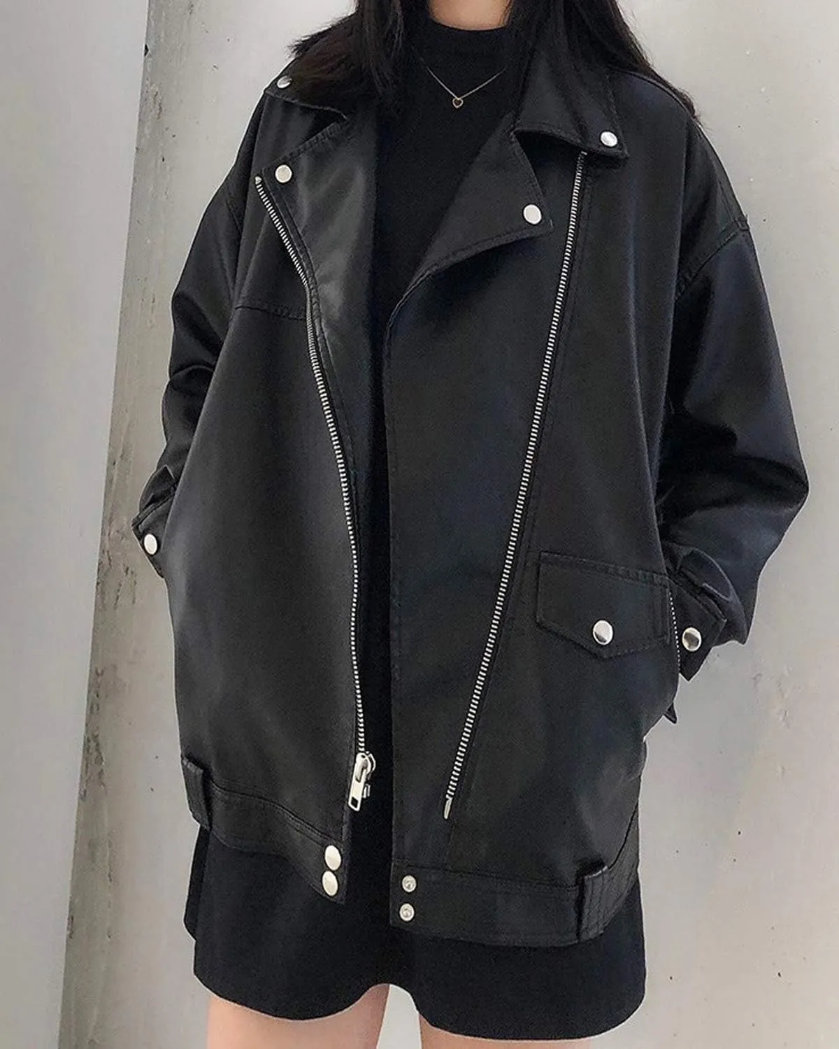 LY VAREY LIN Women Faux Leather Jacket Lapel Collar Motorcycle Zip Up Long Sleeve Motor Biker Short Coat Jacket