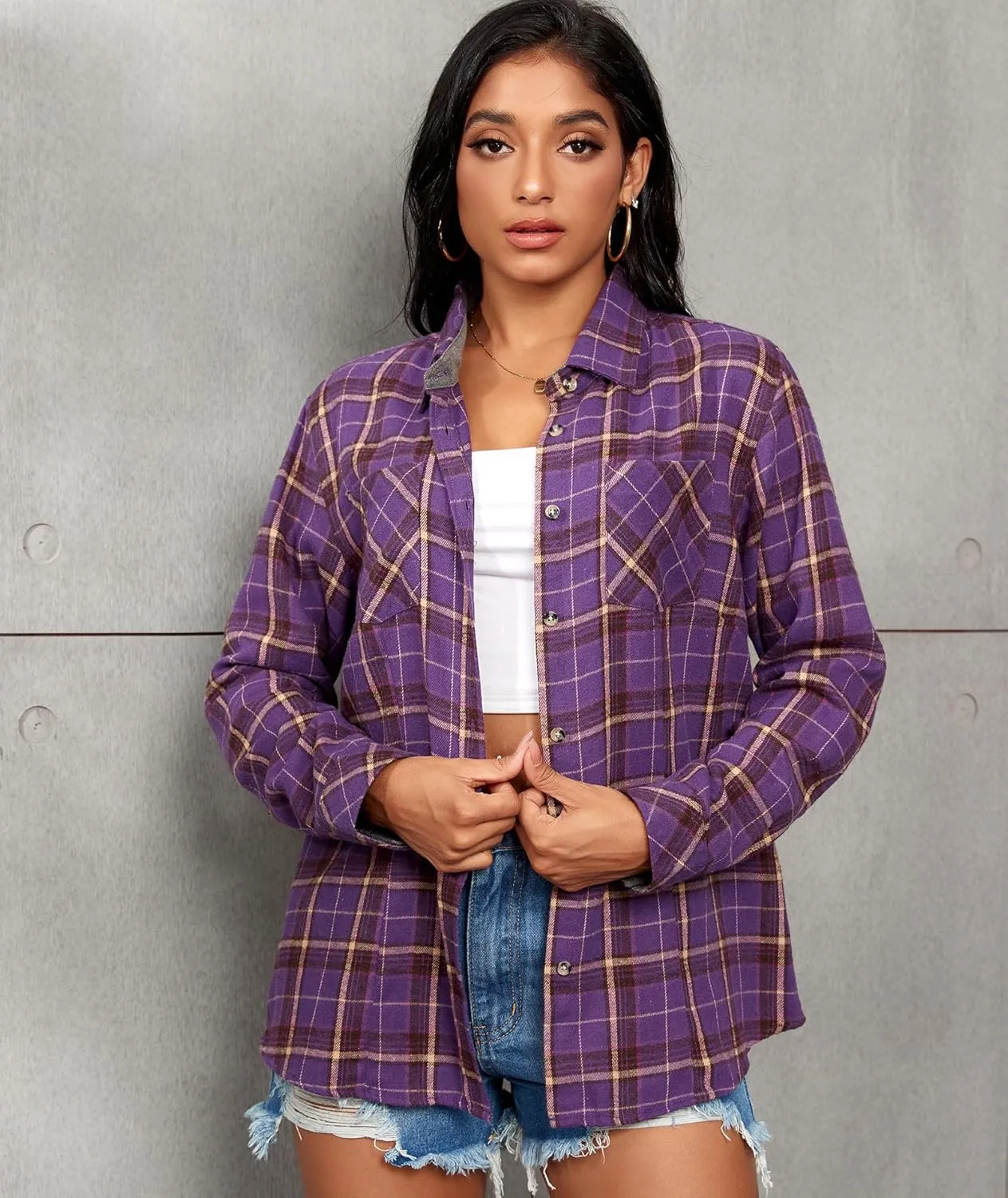 MARZXIN Plaid Flannel Shirt for Women Oversized Long Sleeve Button Down Shirts Casual Loose Blouse Tops