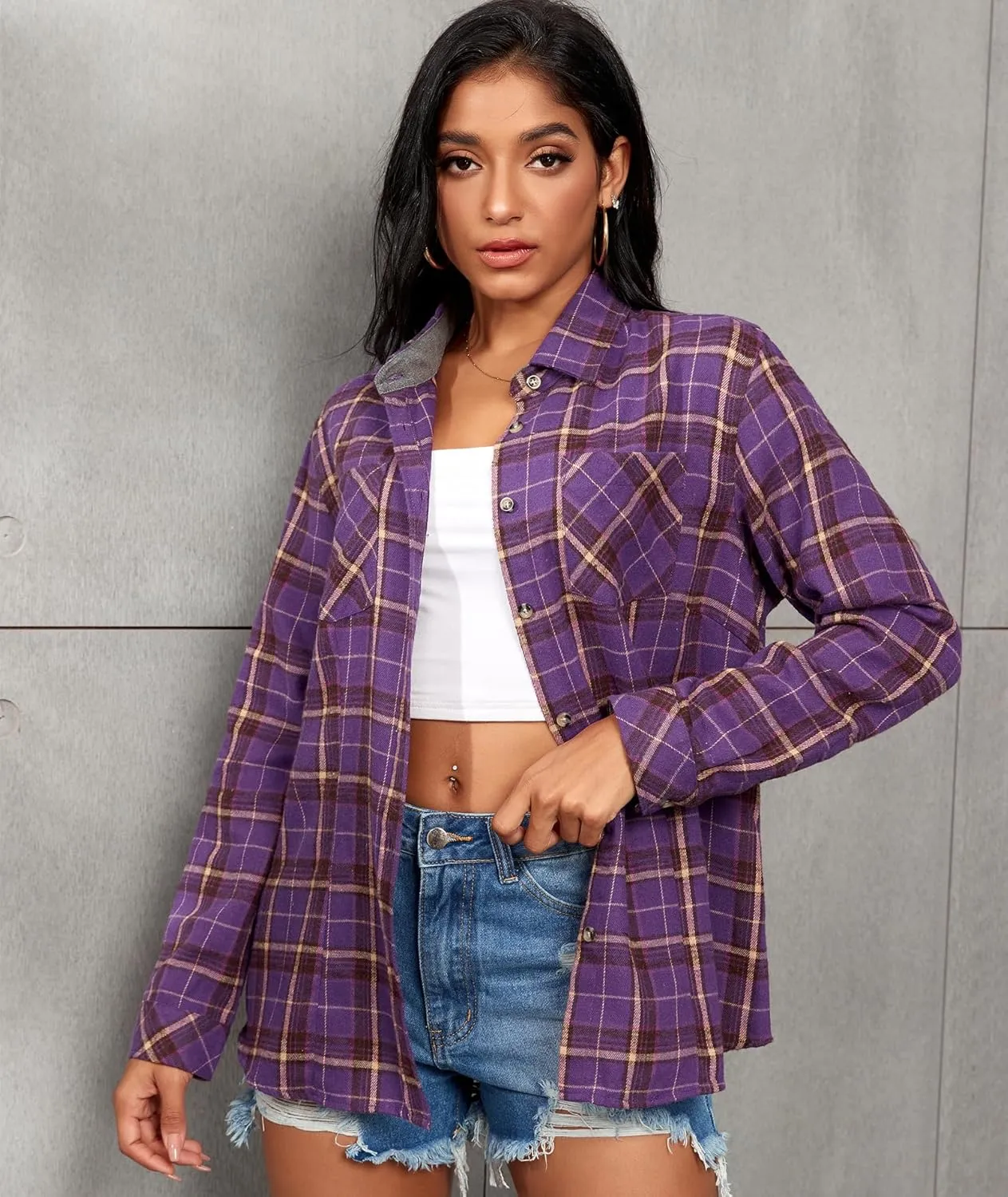MARZXIN Plaid Flannel Shirt for Women Oversized Long Sleeve Button Down Shirts Casual Loose Blouse Tops