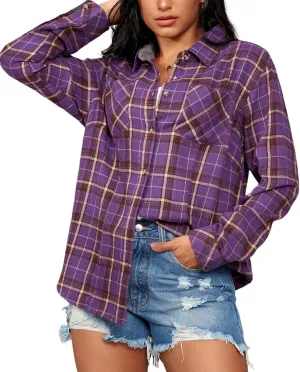 MARZXIN Plaid Flannel Shirt for Women Oversized Long Sleeve Button Down Shirts Casual Loose Blouse Tops
