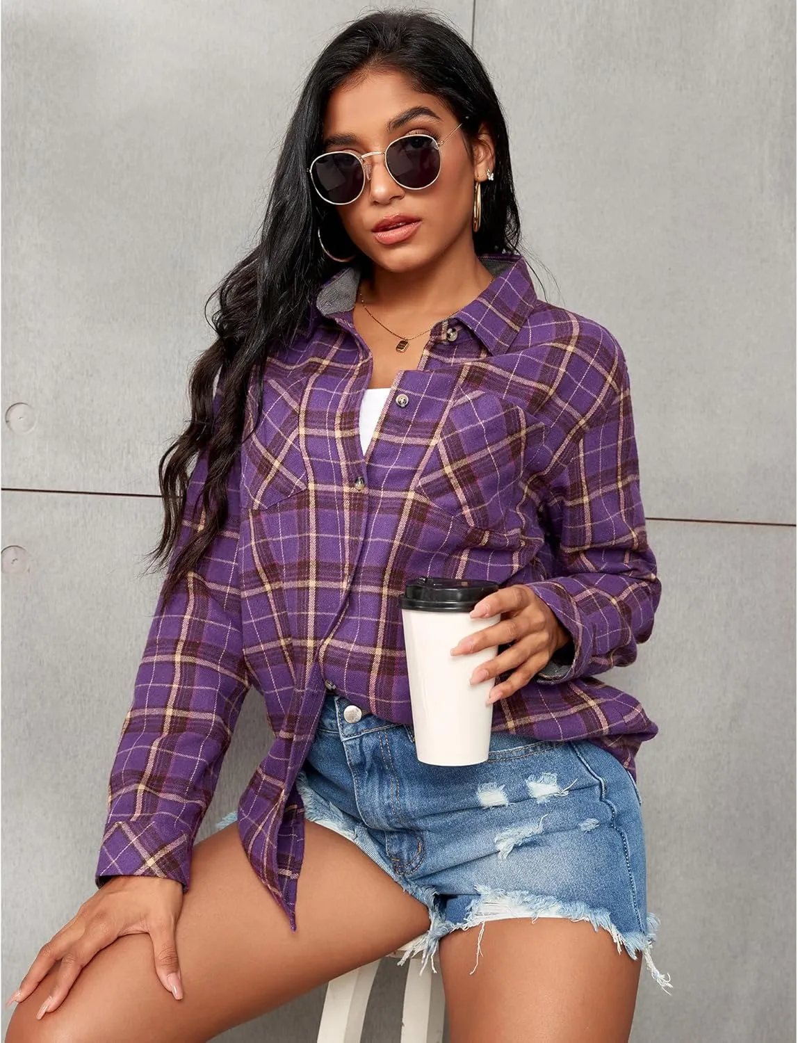 MARZXIN Plaid Flannel Shirt for Women Oversized Long Sleeve Button Down Shirts Casual Loose Blouse Tops