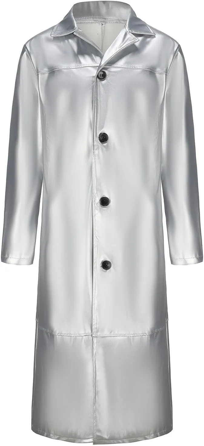 Men's Notched Lapel Leather Trench Coat Vintage Classic Faux Leather Button Long Leather Jacket Fall Winter Overcoat