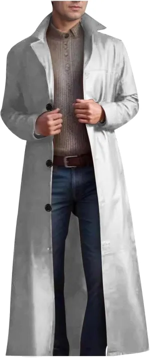 Men's Notched Lapel Leather Trench Coat Vintage Classic Faux Leather Button Long Leather Jacket Fall Winter Overcoat
