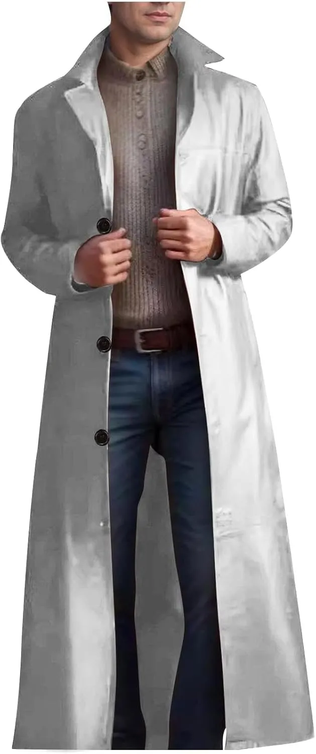 Men's Notched Lapel Leather Trench Coat Vintage Classic Faux Leather Button Long Leather Jacket Fall Winter Overcoat