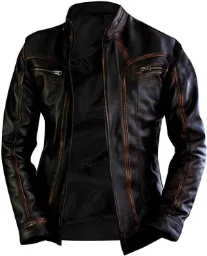 Mens Retro Distressed Motorcycle Black Leather Jacket - Lambskin Vintage Cafe Racer Biker Leather Jacket Men