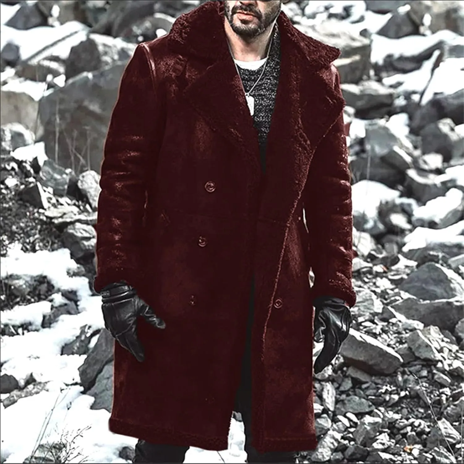 Men's Trench Coat Long Pea Coat Warm Buttons Coat Jacket Wool Long Sleeve Warm Coat Turn-down Collar Coat Vintage