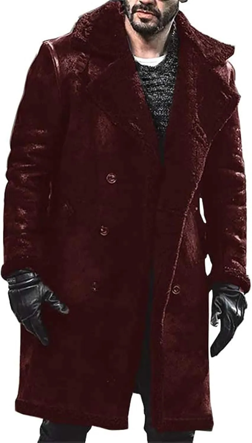Men's Trench Coat Long Pea Coat Warm Buttons Coat Jacket Wool Long Sleeve Warm Coat Turn-down Collar Coat Vintage