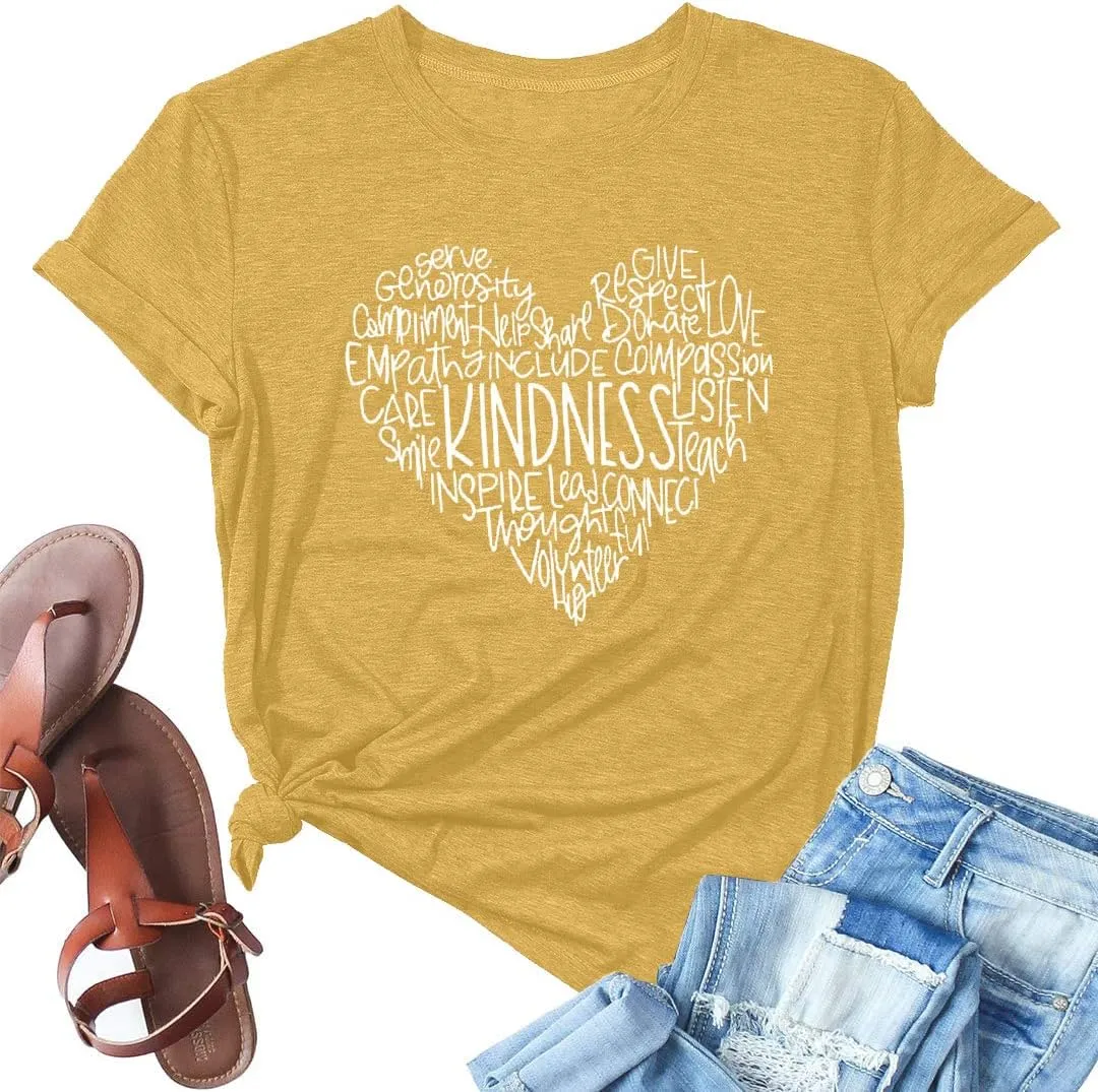 MOUSYA Womens Kindness Graphic T-Shirt: Cute Be Kind Graphic Tees Inspirational Letter Shirt Teacher Casual Tops