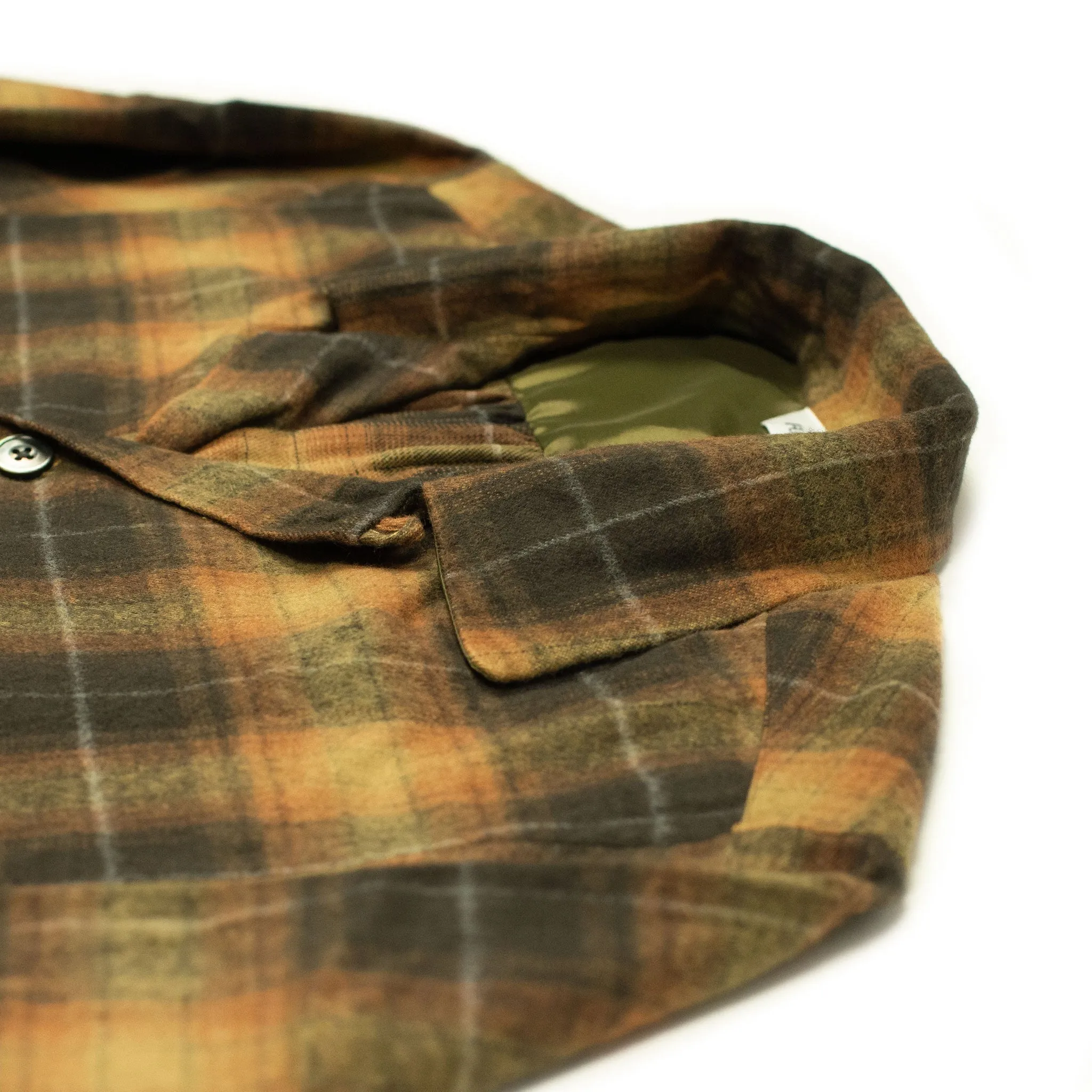 Open collar shirt in tan & chocolate shadow plaid cotton flannel