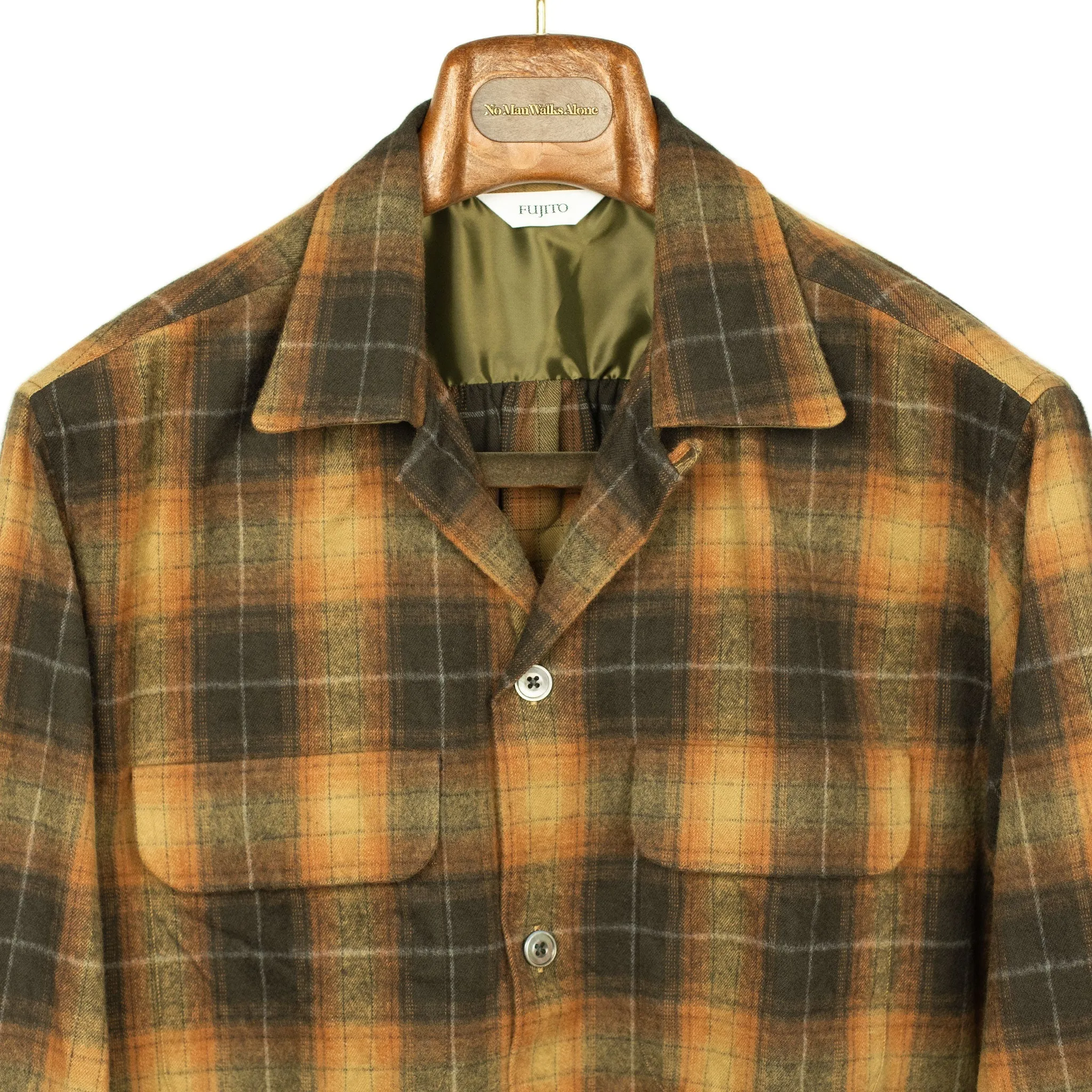 Open collar shirt in tan & chocolate shadow plaid cotton flannel