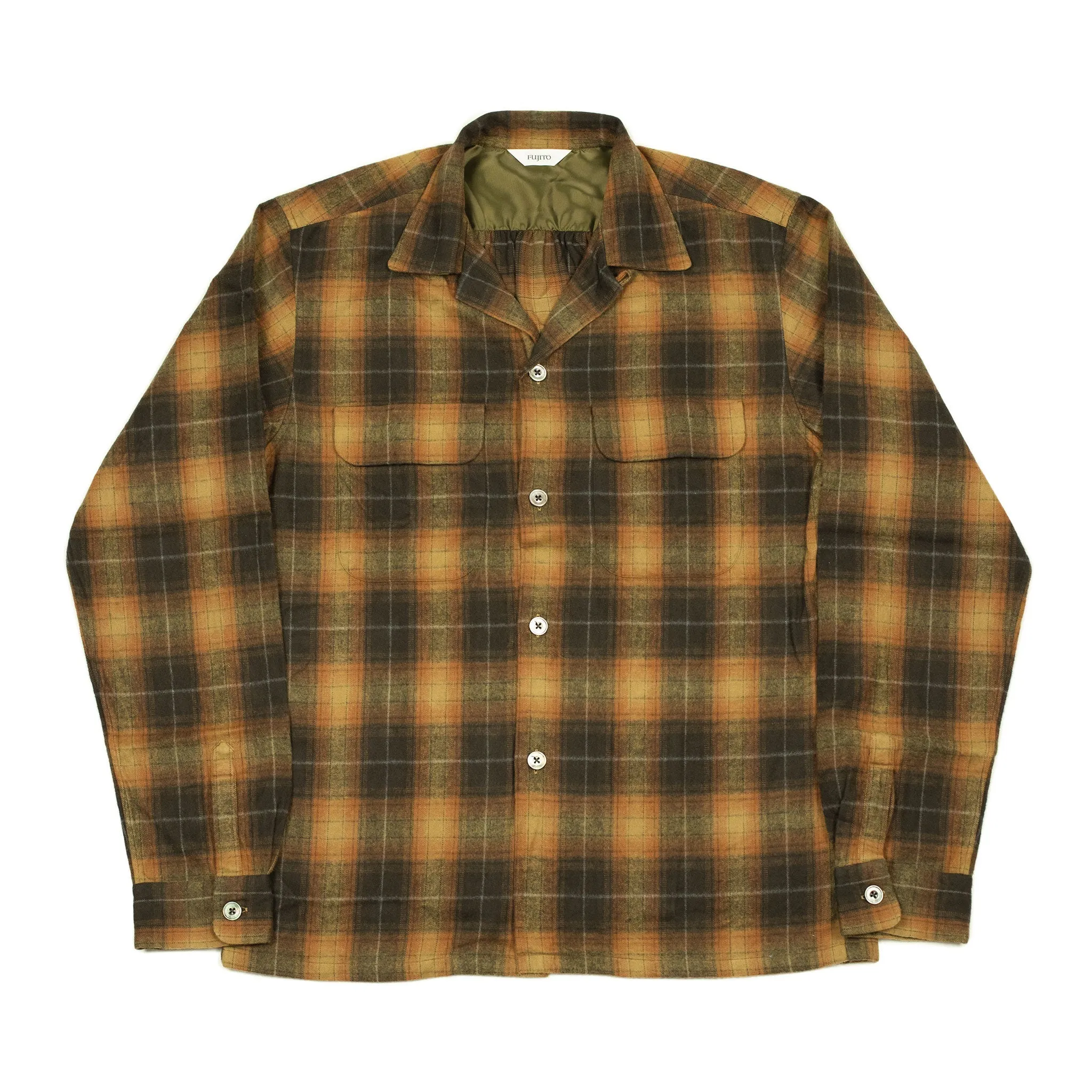 Open collar shirt in tan & chocolate shadow plaid cotton flannel