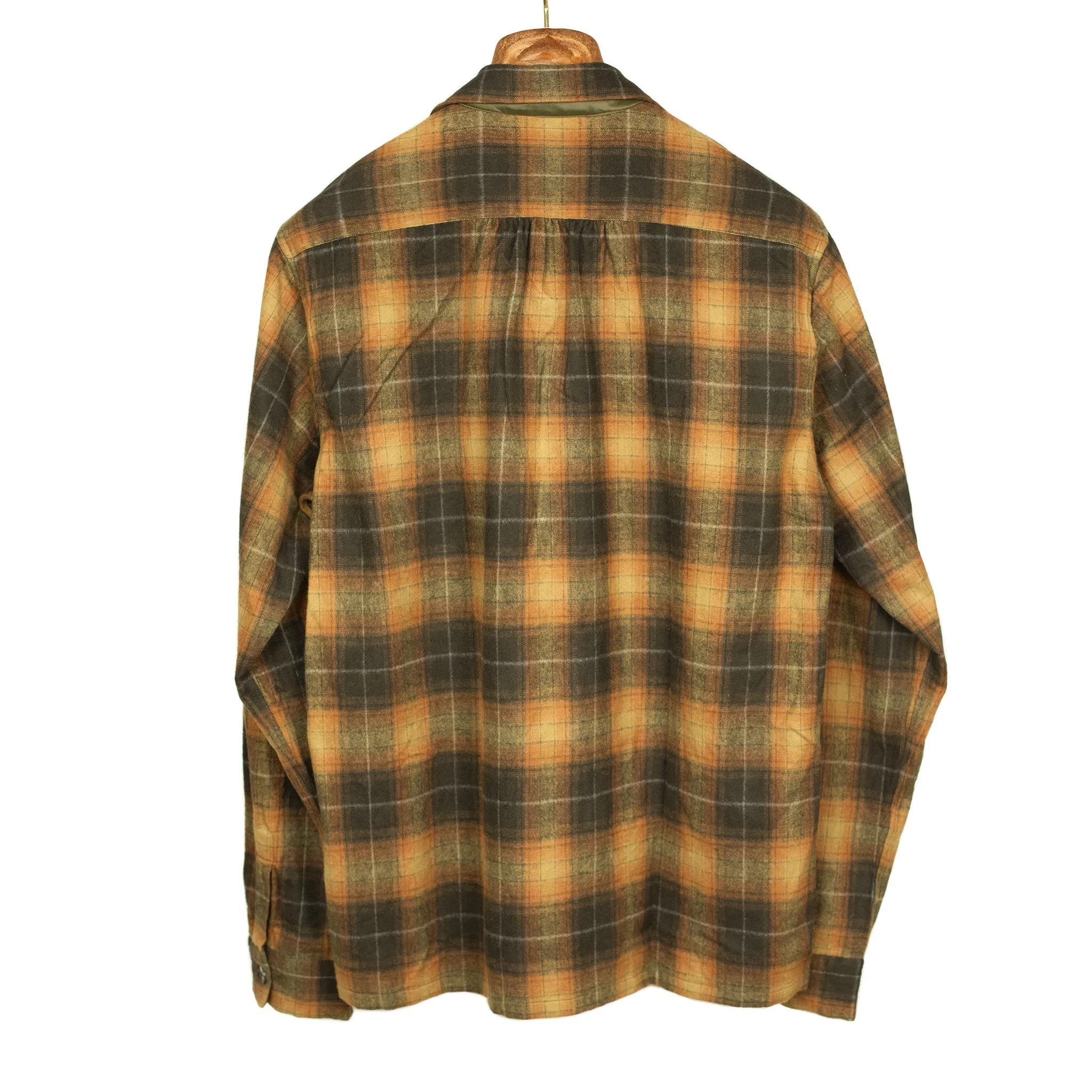 Open collar shirt in tan & chocolate shadow plaid cotton flannel