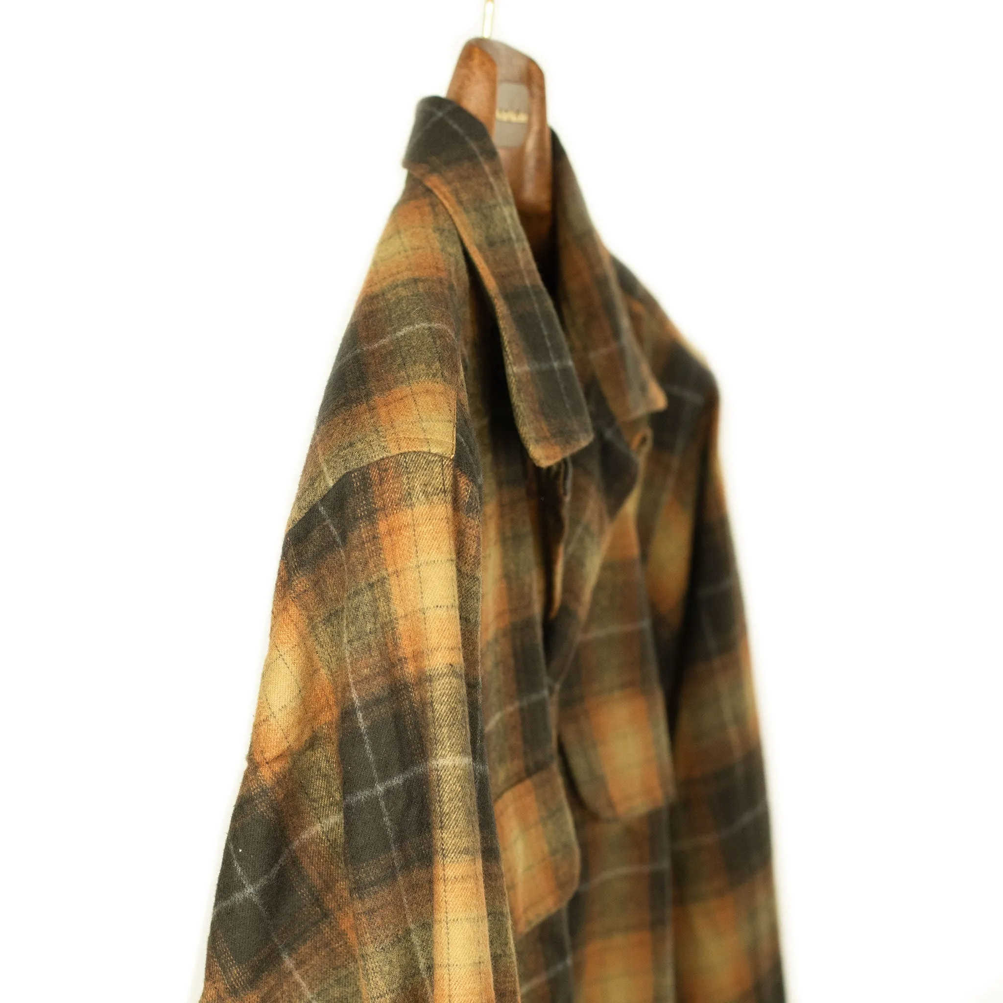 Open collar shirt in tan & chocolate shadow plaid cotton flannel