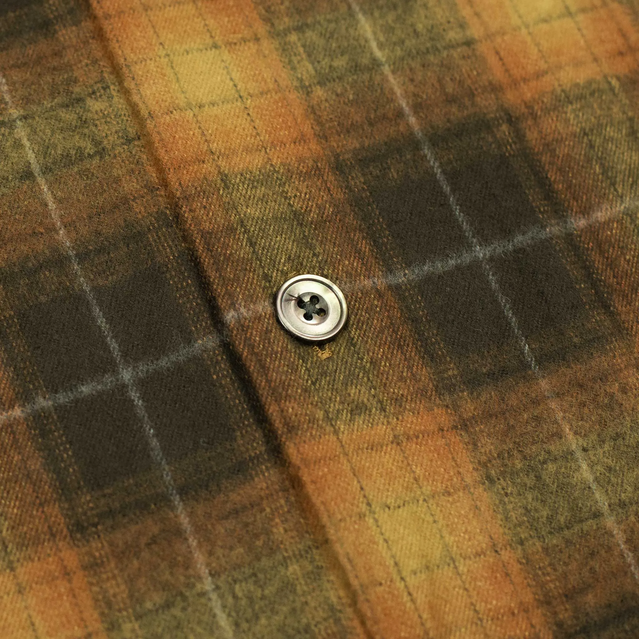 Open collar shirt in tan & chocolate shadow plaid cotton flannel