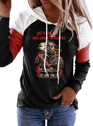 QIANRUO Halloween Hoodie Tshirt for Women Pumpkin Face Graphic Tees Tops Long Sleeve Color Block Pullover Shirt